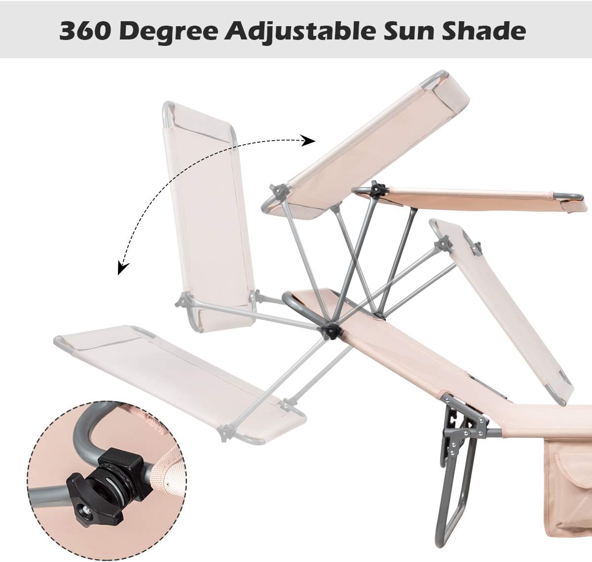 Giantex Silla bronceadora, tumbona de patio con 5 posiciones ajustables, toldo de sombra, bolsillo de almacenamiento, cuna de campamento, sillón