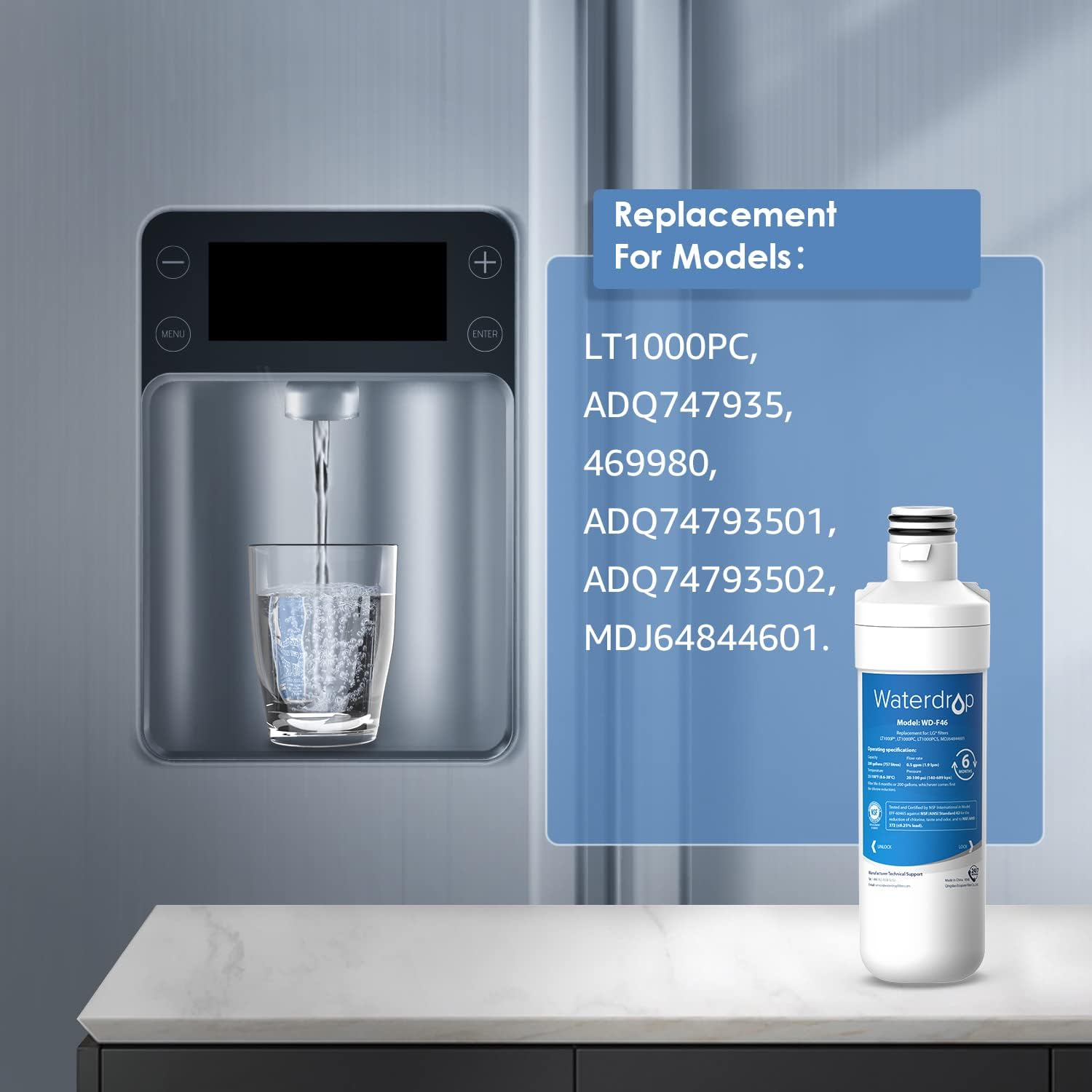 Waterdrop LT1000PC ADQ747935 MDJ64844601 Filtro de agua para refrigerador, repuesto para LG LT1000P, ADQ74793501, ADQ74793502, Kenmore 46-9980,
