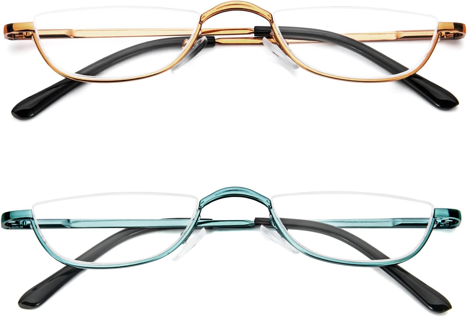 KoKoBin Lentes de lectura de media lectura, 2 pares de lentes con marco de metal de medio borde para hombres y mujeres, (verde+amarillo 1.00)