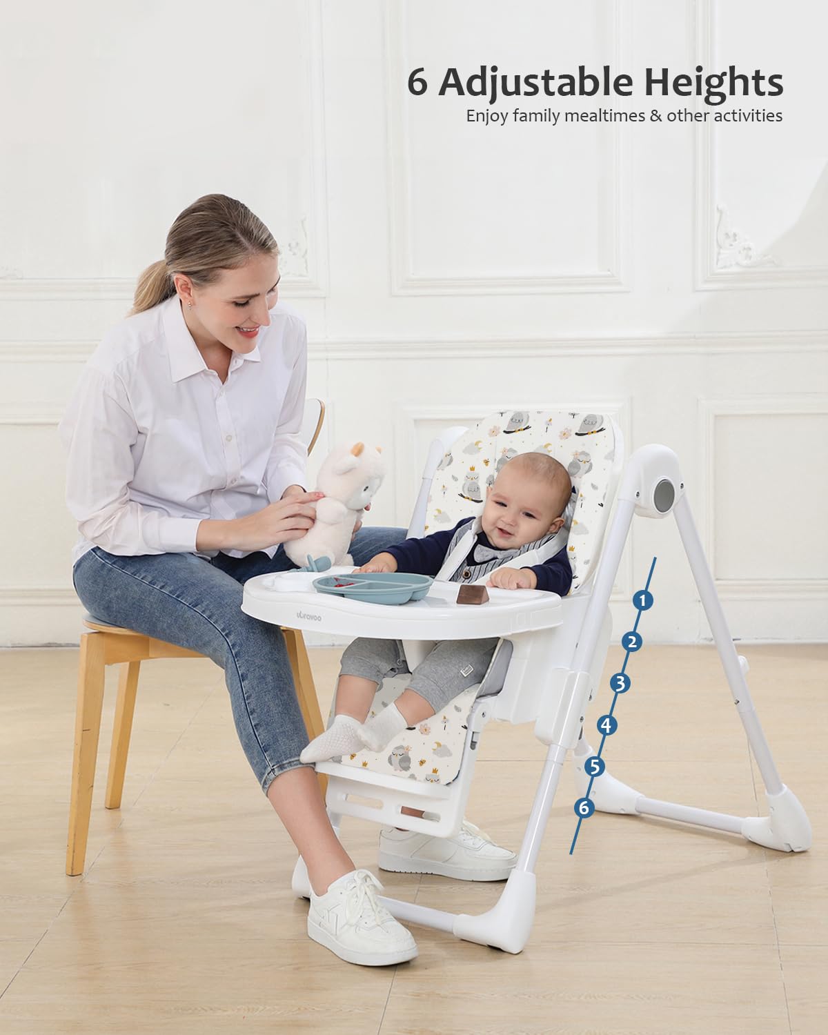 ACE1023-GS – Trona para bebés de 6 meses con reino de fantasía, plegable, reclinable, bandeja doble, silla alta de alimentación fácil de limpiar
