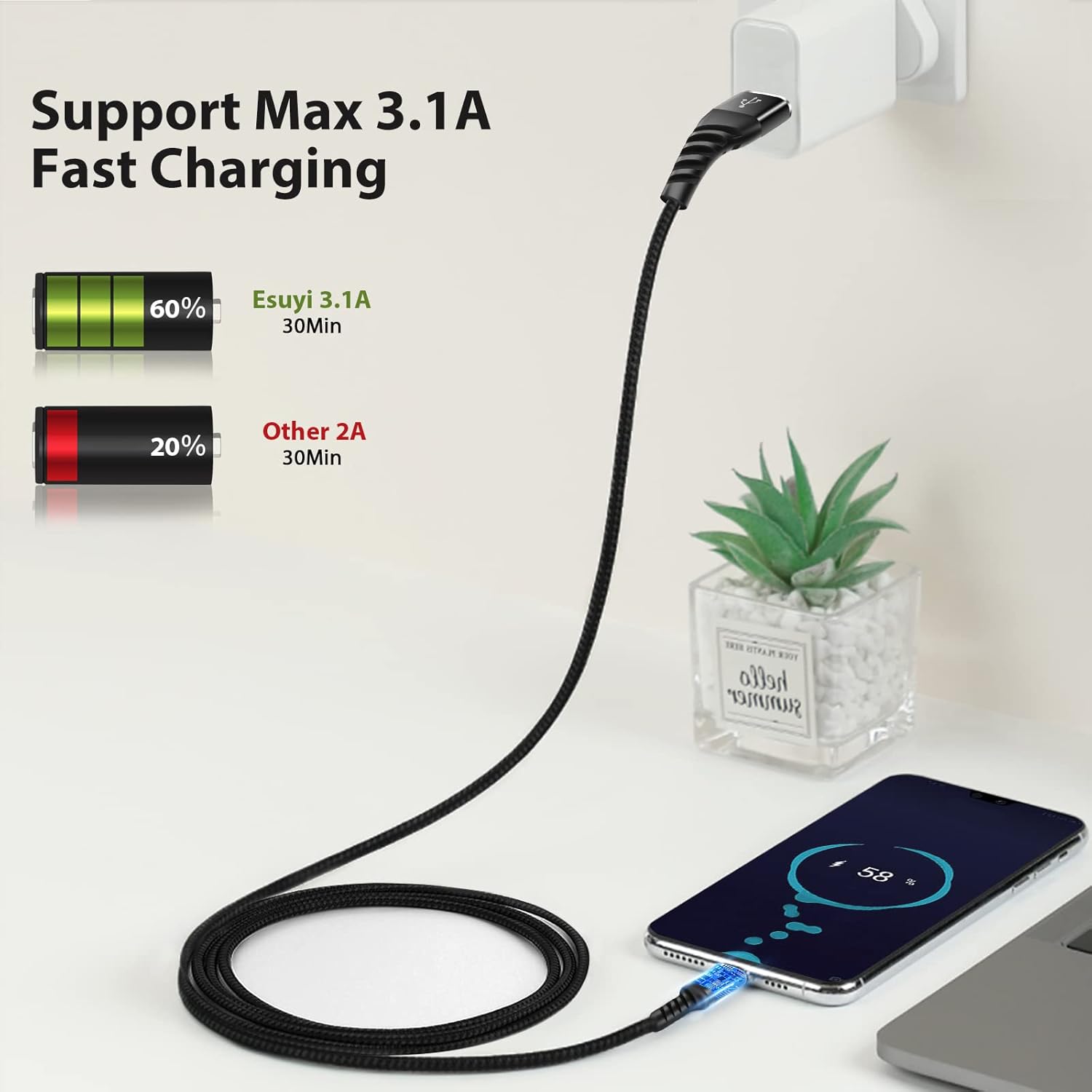 Esuyi Cable USB tipo C, 3.1A de carga rápida QC3.0, paquete de 5 unidades de 3.3 pies, 3.3 pies, 6.6 pies, 6.6 pies, 10 pies, USB-C a USB-A, cable