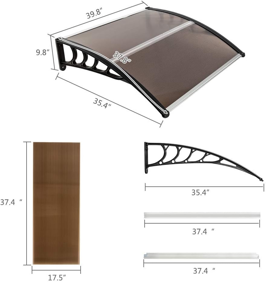 Hommo Toldo de policarbonato de 40 x 40 pulgadas con soporte negro, cubierta superior para puerta delantera, toldo de patio al aire libre,