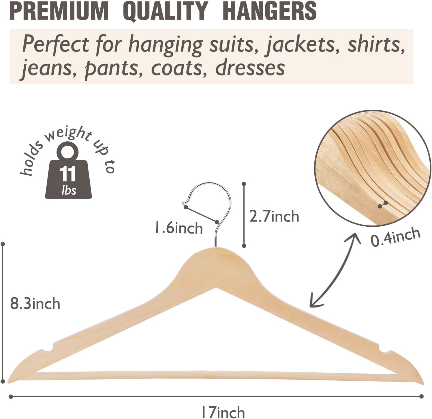 Edergoo Perchas de madera, paquete de 30 perchas de madera con gancho giratorio de 360 grados y barra antideslizante para pantalones, acabado liso