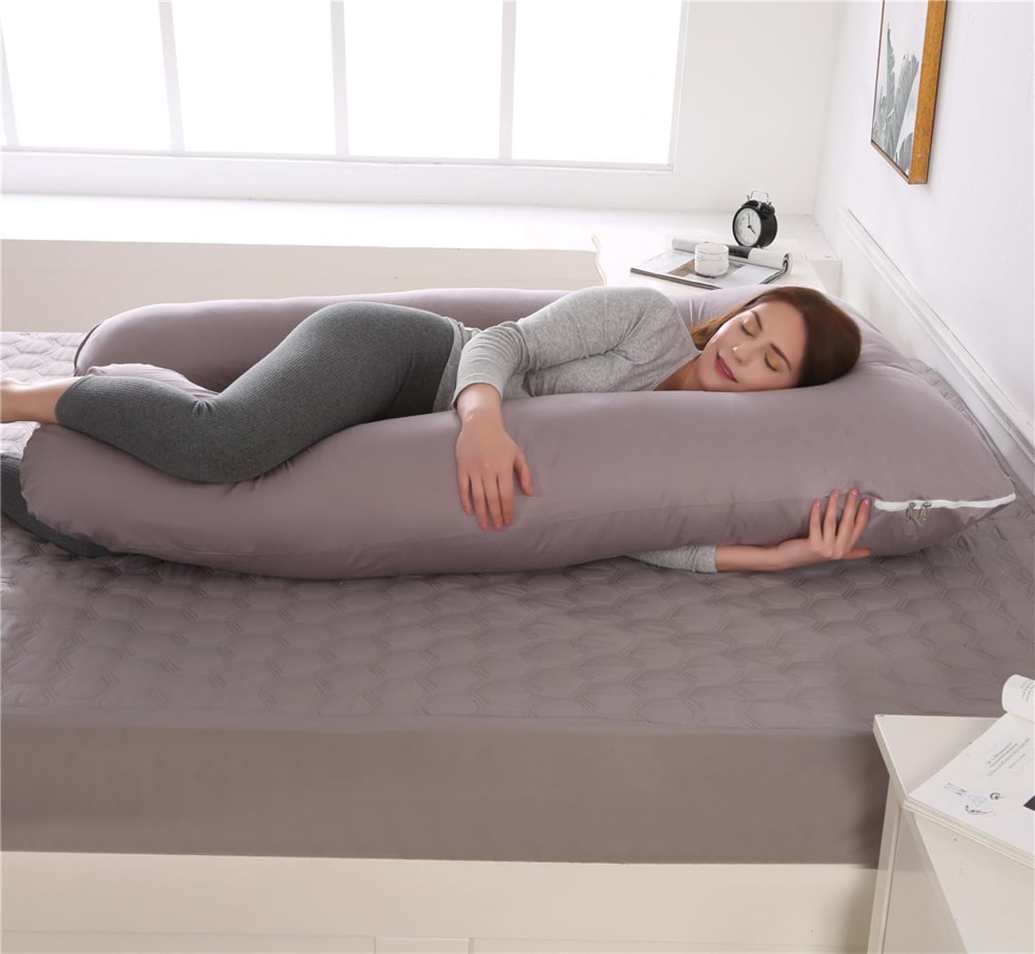 ecico Almohada de embarazo, almohada de cuerpo completo en forma de U, funda de enfriamiento gris, almohada de embarazo para dormir, almohada