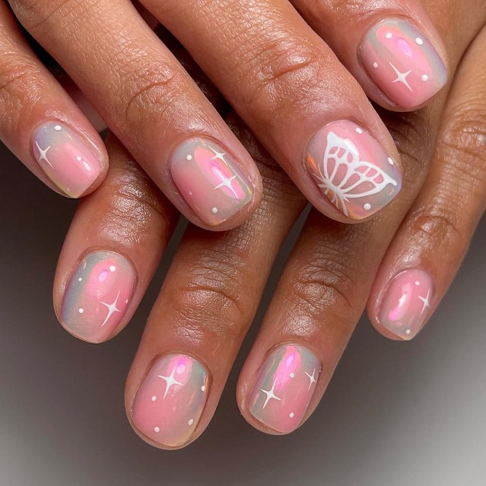 Uñas postizas cortas cuadradas a presión, uñas postizas con pegamento en polvo Aurora, uñas acrílicas con diseños de estrellas de mariposa, uñas