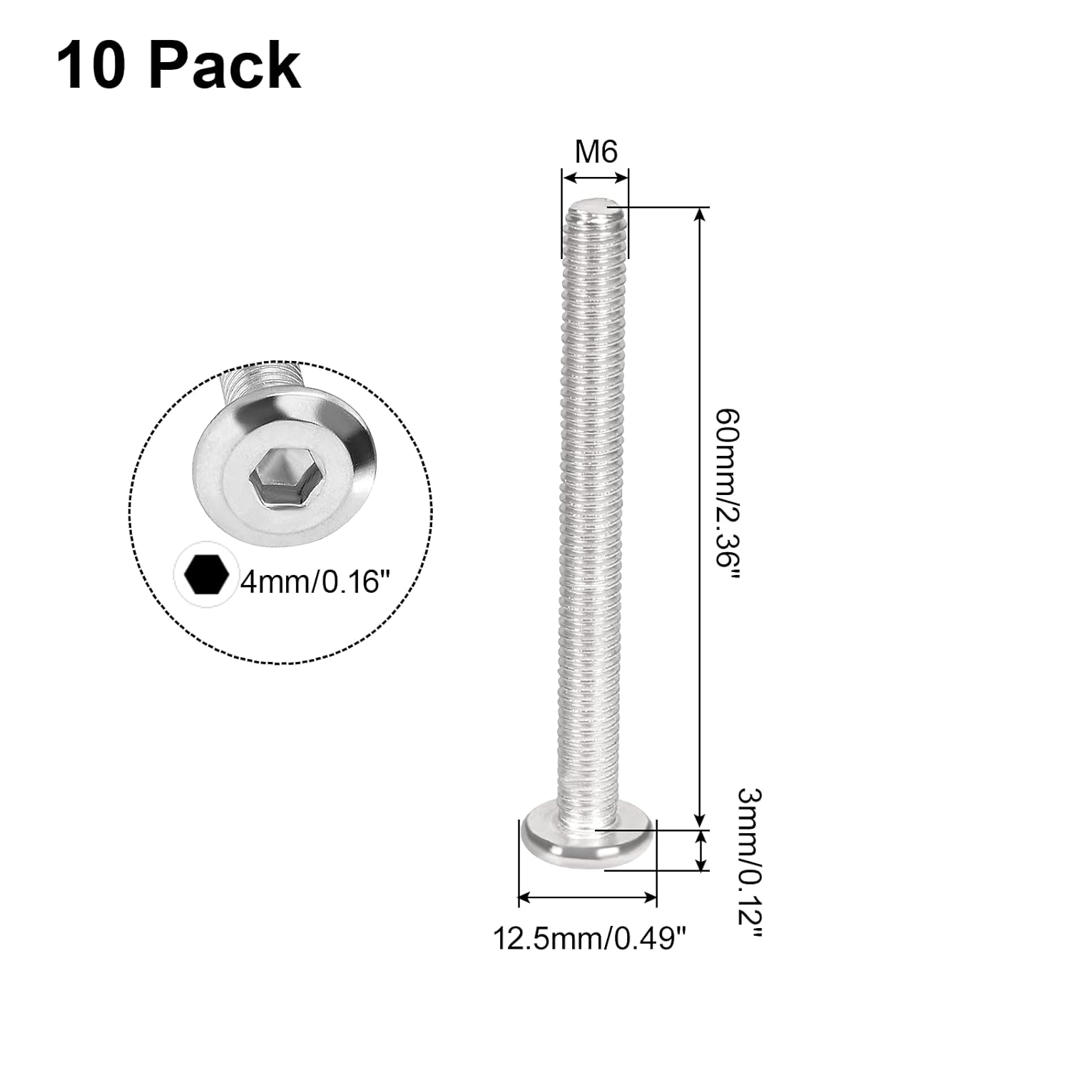 10 tornillos hexagonales de cabeza redonda plana M6-0.039 x 2.362 in, tornillos de conexión de acero inoxidable 304, tornillos para muebles, camas,