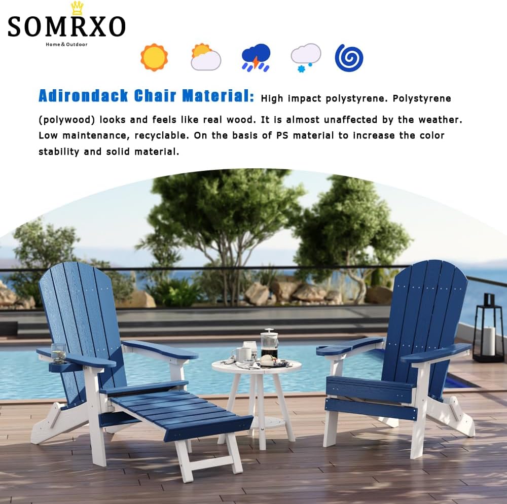SOMRXO – Sillas Adirondack de plástico con otomana plegable, silla Adirondack plegable con portavasos, silla para hoguera, silla de patio al aire