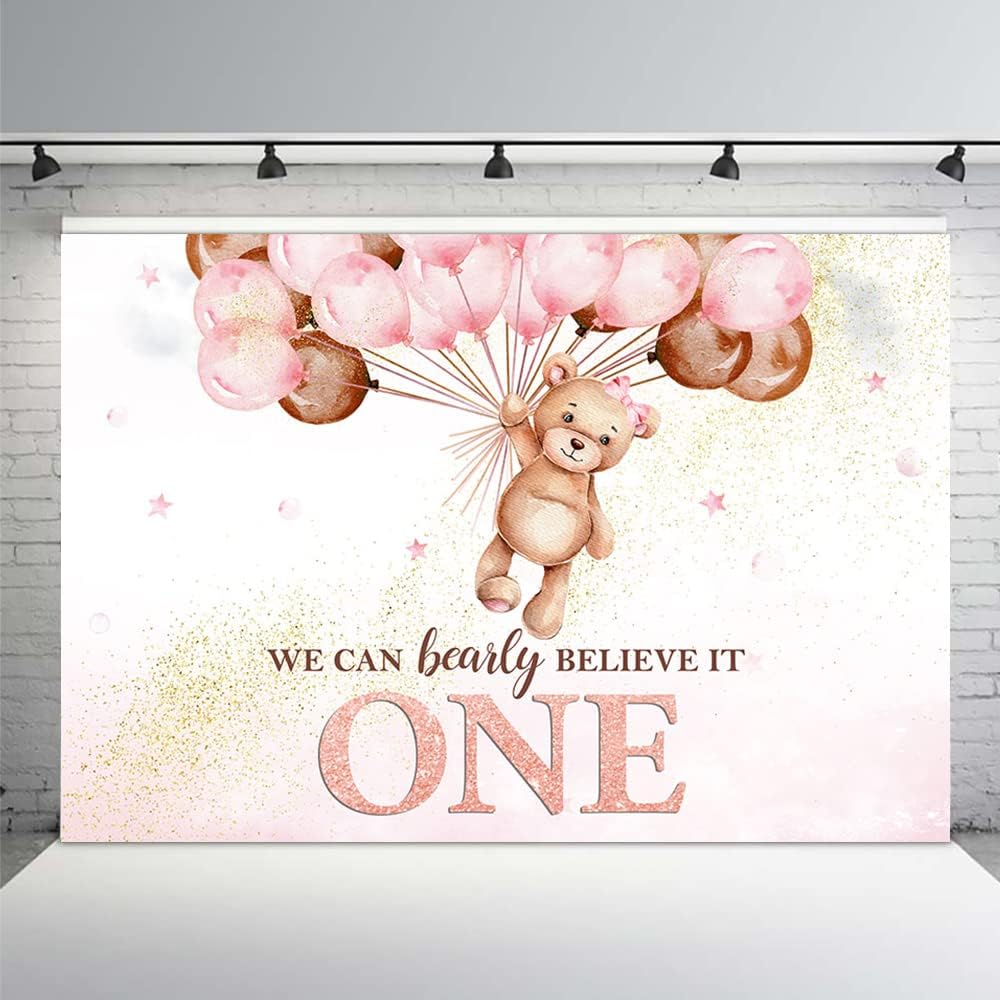 MEHOFOND Telón de fondo de oso para el primer cumpleaños para niñas, con texto en inglés “We Can Bearly Believe It One Happy First Birthday”,