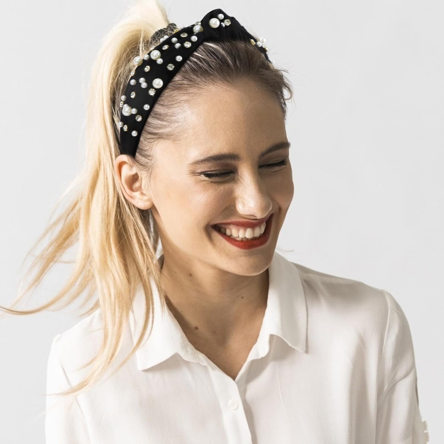Diademas de perlas para niñas, diademas de diamantes de imitación para mujer, diadema ancha anudada para mujer, diadema negra con cuentas,