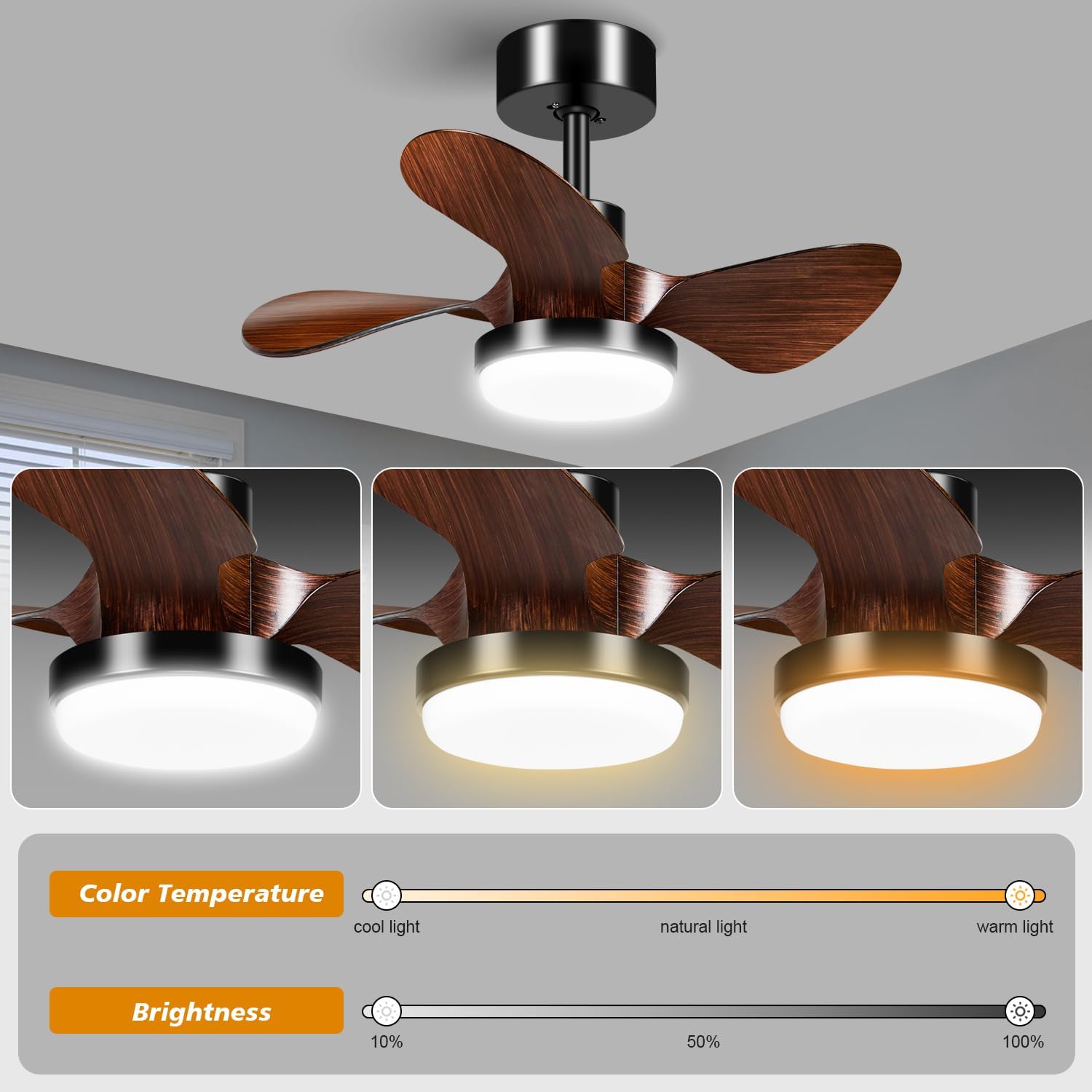 Ventilador de techo de habitación pequeña de 25 pulgadas con luz, ventilador de techo moderno de perfil bajo regulable de 3 aspas con luz y control