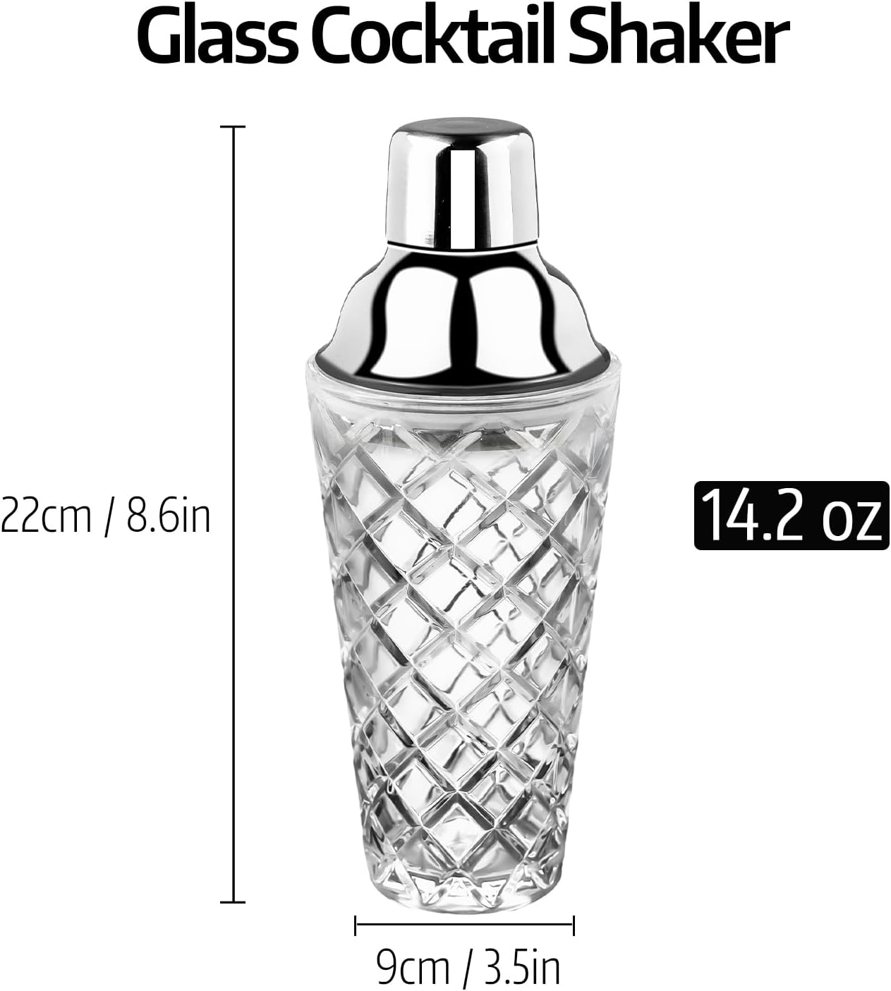 Kit de coctelera de cristal, 14.2 onzas de Martini Mocktail con tapa de acero metálico a prueba de fugas y colador para uso doméstico y carrito de