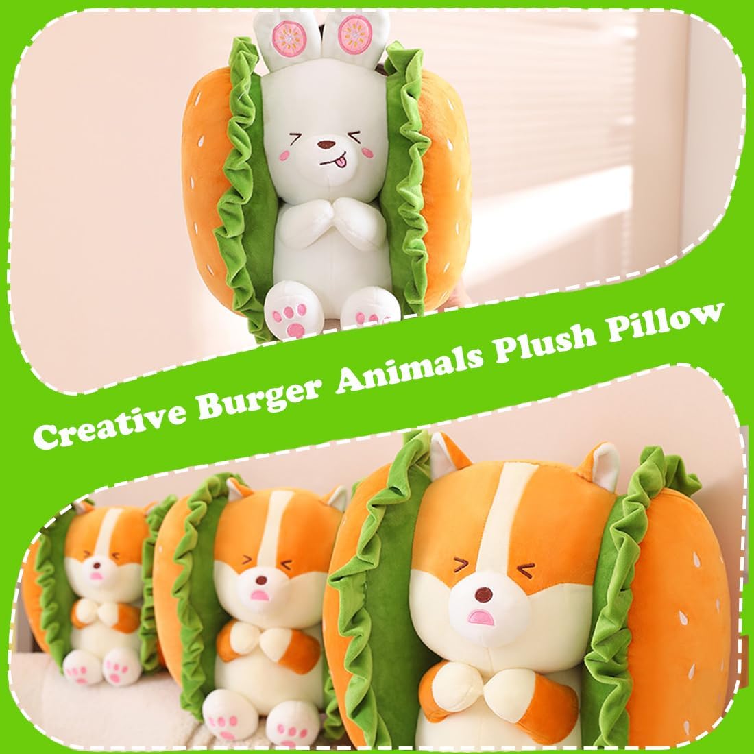 ELAINREN Juguete de peluche de conejo de hamburguesa, linda almohada de peluche de conejito de comida suave, muñeca de peluche de conejo blanco,