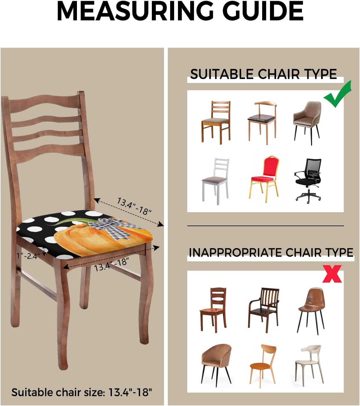 Juego de 6 fundas de asiento para silla de otoño, color naranja, diseño de calabaza para sillas de comedor, con lunares blancos, tapizadas,