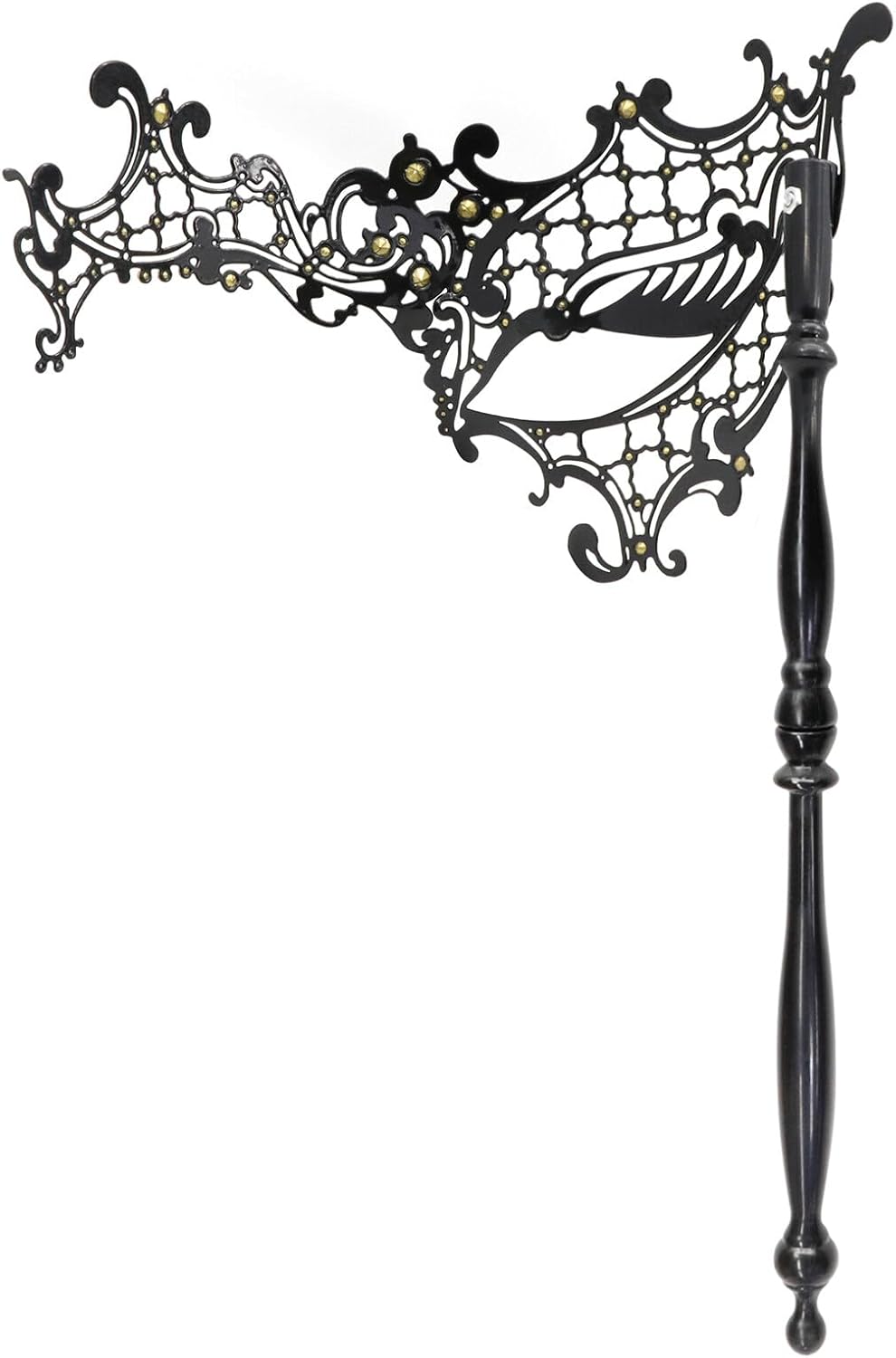 Thmyo Máscara veneciana de fiesta de Mardi Gras de Halloween con palo de sujeción, máscara de mano con plumas de metal y diamantes de imitación