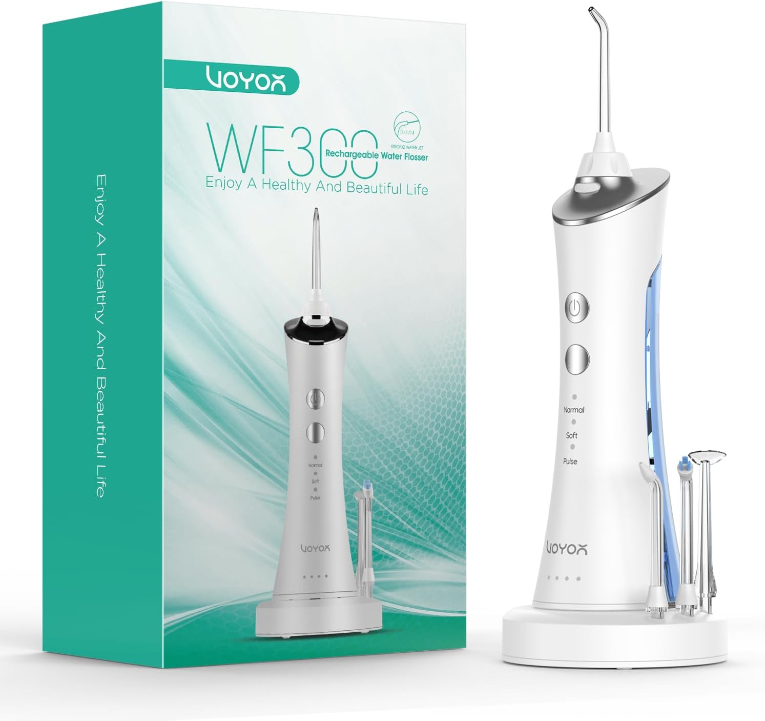 VOYOR – Irrigador dental de agua para dientes, irrigador oral portátil y recargable con 4 puntas de hilo dental y púas de limpiador de dientes