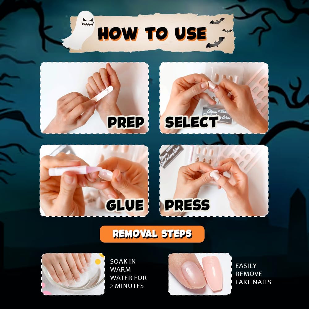 Juego de 48 piezas de pegamento de uñas color negro y rojo oscuro, uñas largas, fantasmas, góticas, uñas acrílicas ovaladas de aguja de almendra,