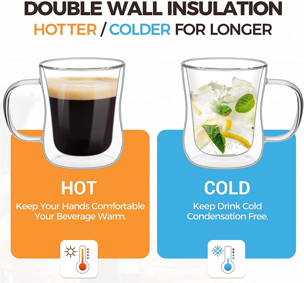 QIJIAHUI Tazas de café de vidrio, capacidad de 8 onzas, 8.5 fl oz, aislamiento de doble pared, lindas tazas de café con leche para niños, café con