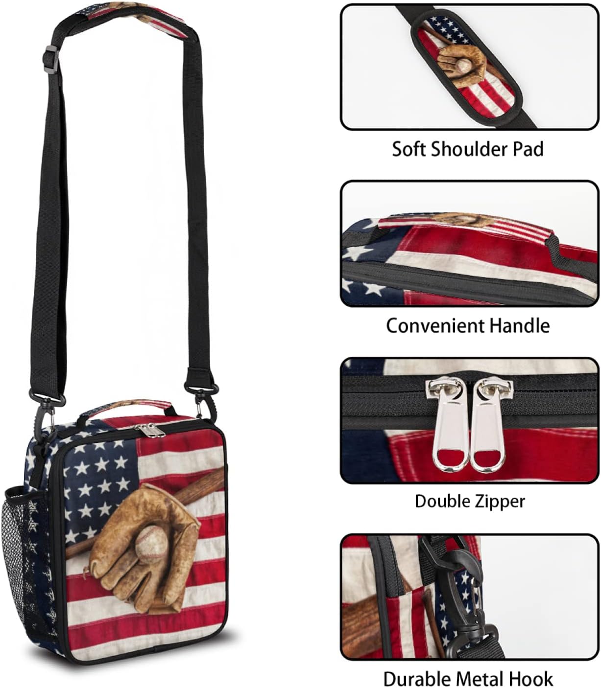 Lonchera con aislamiento de béisbol vintage, bolsas de almuerzo para niños, bolsa de almuerzo reutilizable con bandera estadounidense de béisbol,