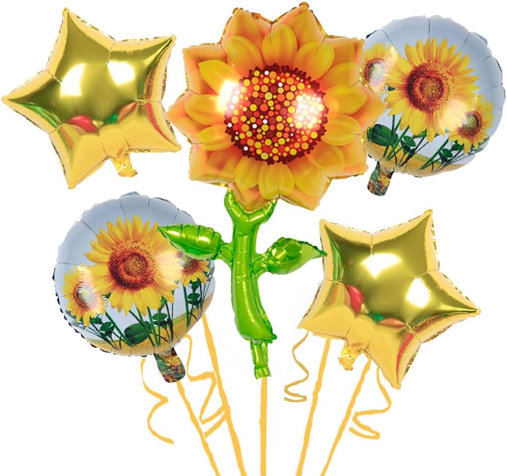 5 globos de cumpleaños de girasol de papel de aluminio con forma de girasol para sol de verano, cumpleaños, baby shower, decoración de fiesta de