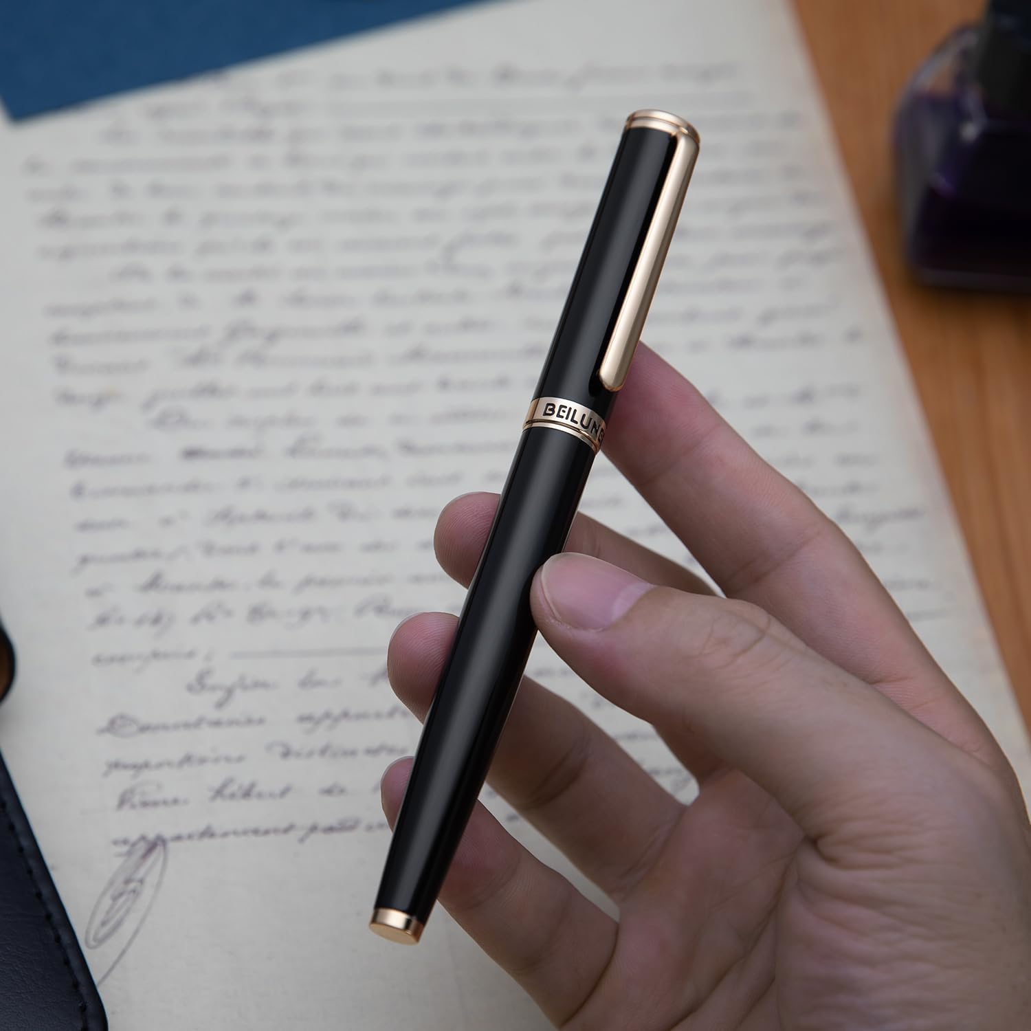 Pluma estilográfica de lujo lacada con piano, borde de oro de 24 quilates, punta fina, convertidor de tinta Schneider de Alemania y 6 cartuchos de