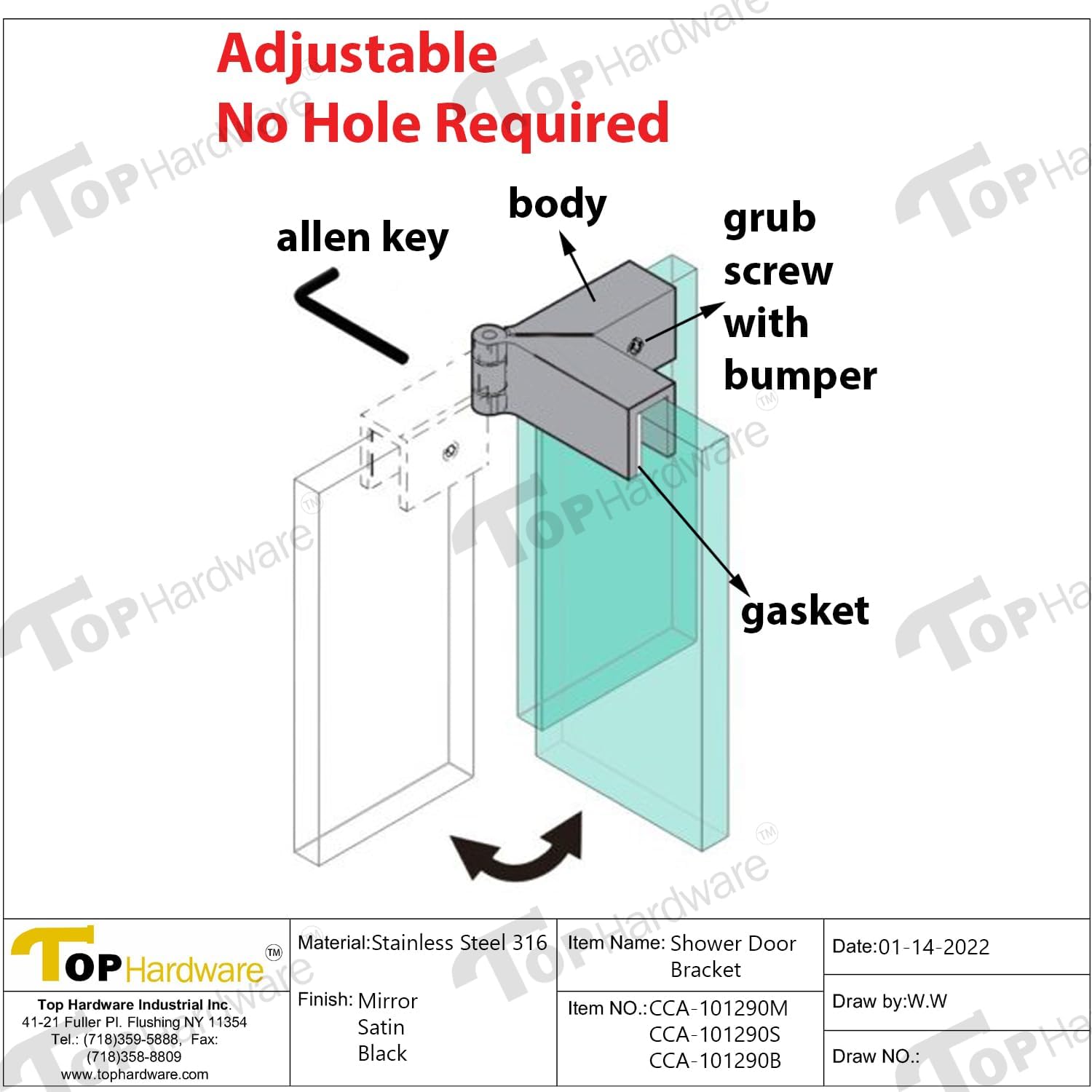 Funda ajustable de acero inoxidable de 90-180 grados de vidrio a vidrio de grado 316 sobre abrazadera de puerta de ducha para grosor de vidrio de 14