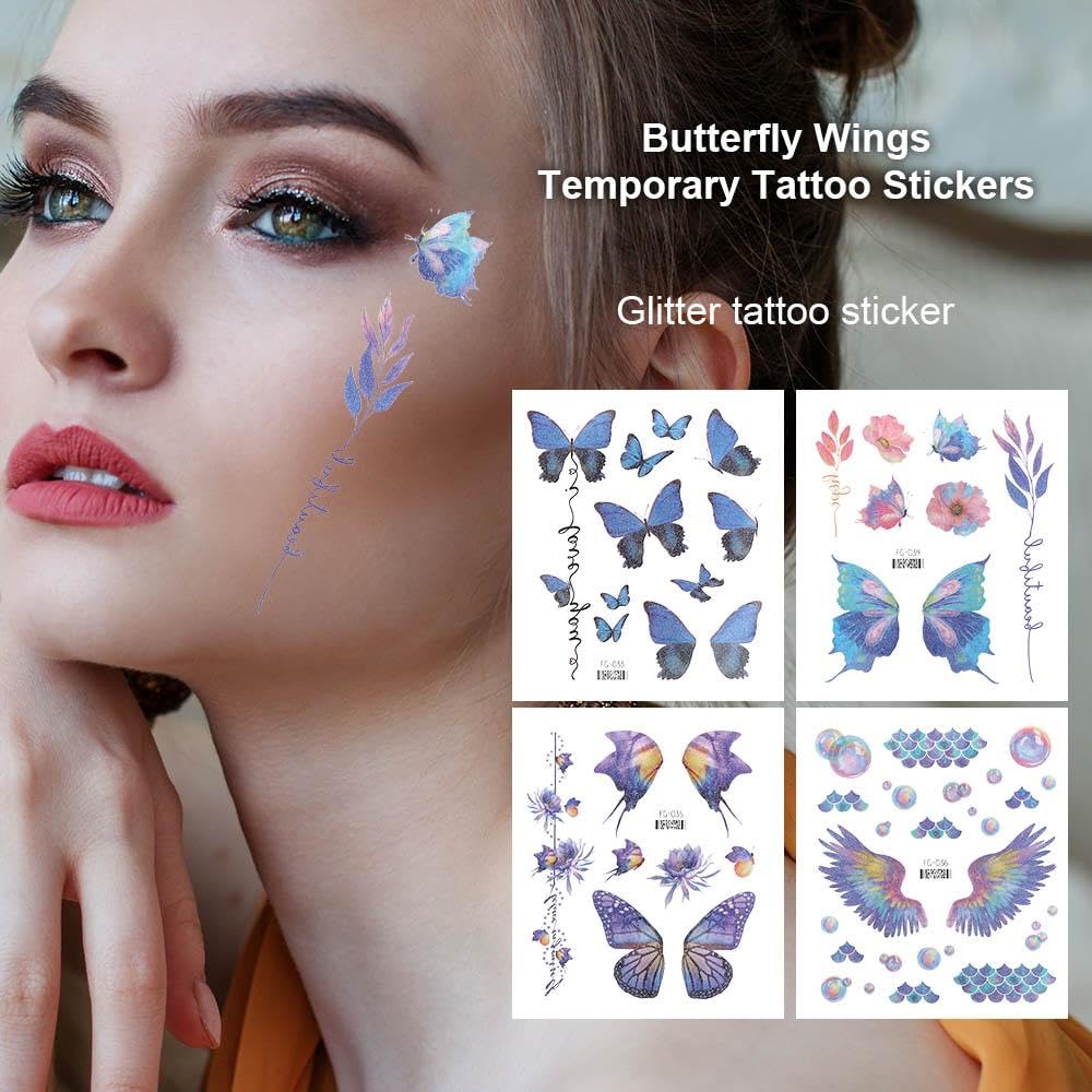 Tatuajes temporales de mariposa, exquisitas alas de ángulo de mariposa, tatuajes falsos para mujer, arte corporal de muñeca, cuello de muñeca,