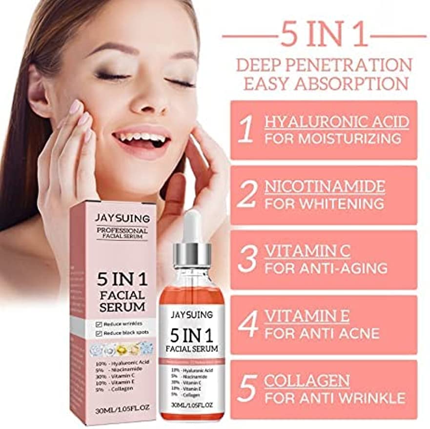 Suero facial 5 en 1, reduce las arrugas, suero corrector de manchas oscuras, suero facial con ácido hialurónico y niacinamida (2 unidades)