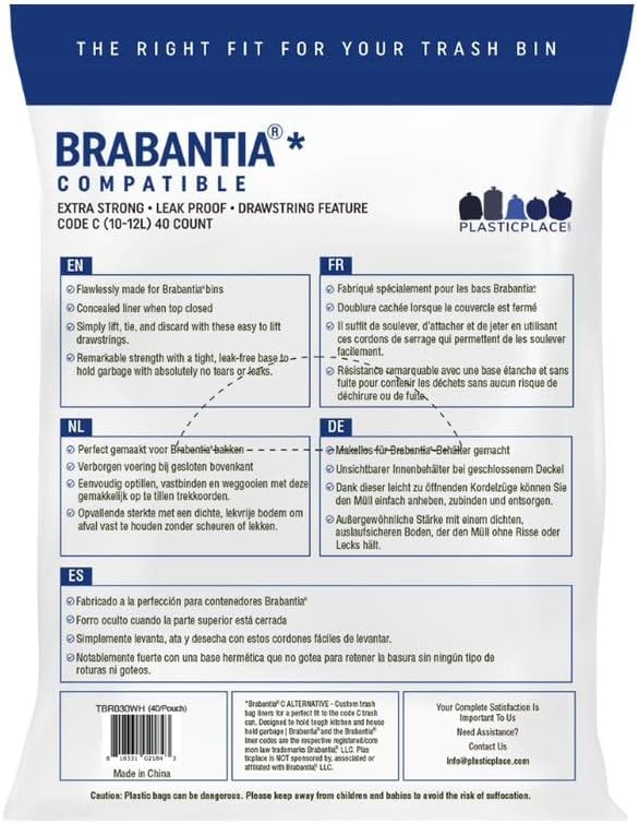 Plasticplace 2.6-3.2 Galones Brabantia (x) Compatible Code C Bolsa de Basura, 1.0 Mil, Blanco Bin Liner, 15″W x 19″H, (40 caja)