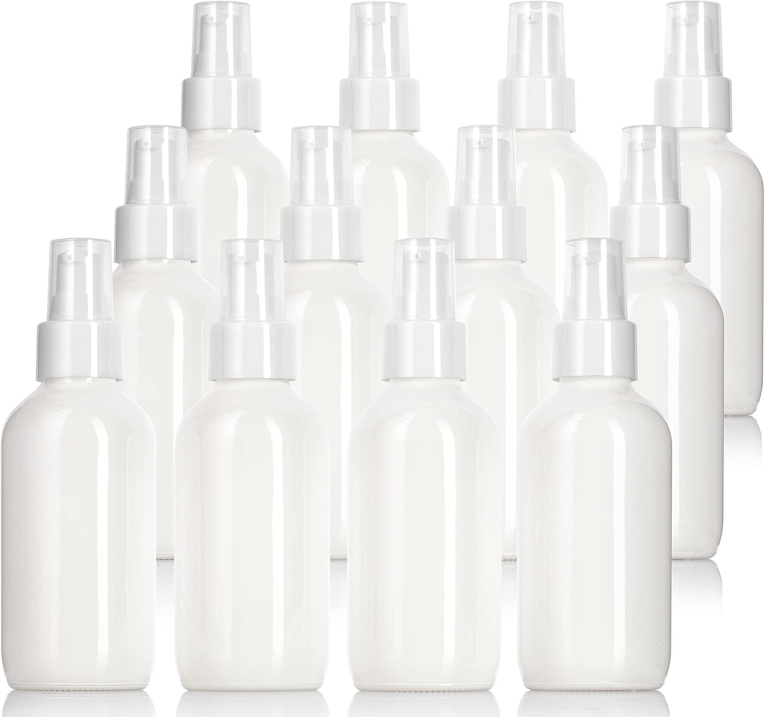 JUVITUS Botella redonda Boston de vidrio blanco brillante de 4 onzas  4.1 fl oz con bomba de tratamiento blanca, sin BPA, contenedores de