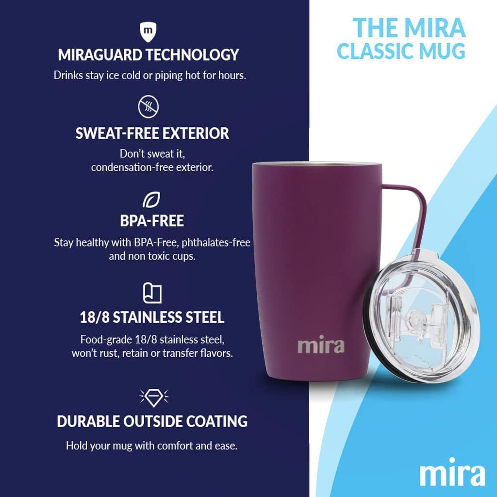 MIRA Taza de café aislada de 18 onzas con asa y tapa, apta para portavasos, acero inoxidable, iris