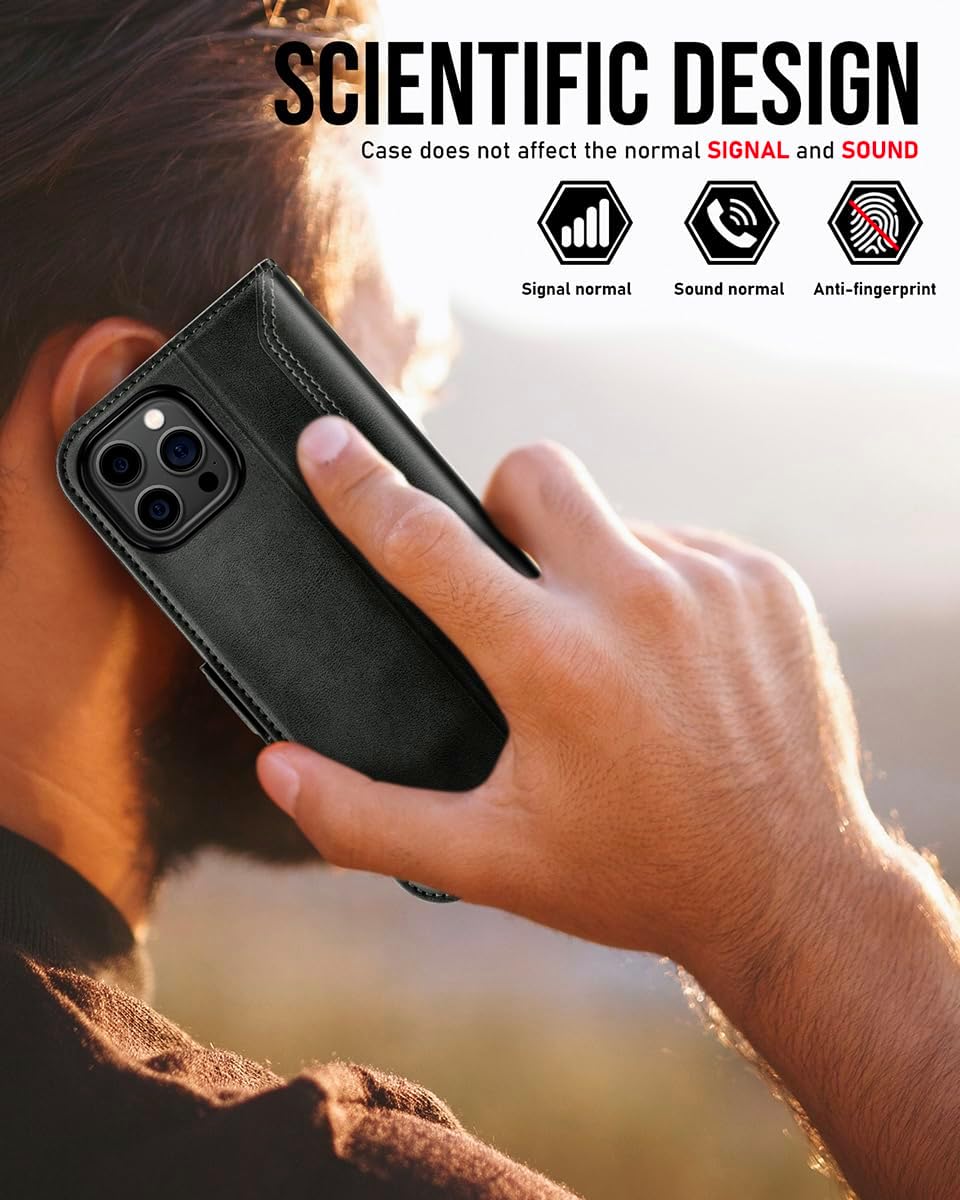 OCASE Funda compatible con iPhone 15 Pro Max, funda tipo cartera de piel sintética con tarjeteros, bloqueo RFID, soporte a prueba de golpes, funda
