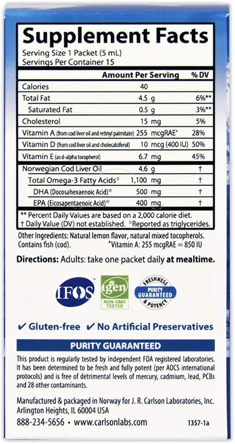 Carlson – Paquetes de aceite de hígado de bacalao Grab + Go, paquetes de viaje, Rip & Sip, de una sola porción, 1100 mg de omega-3, más vitaminas A