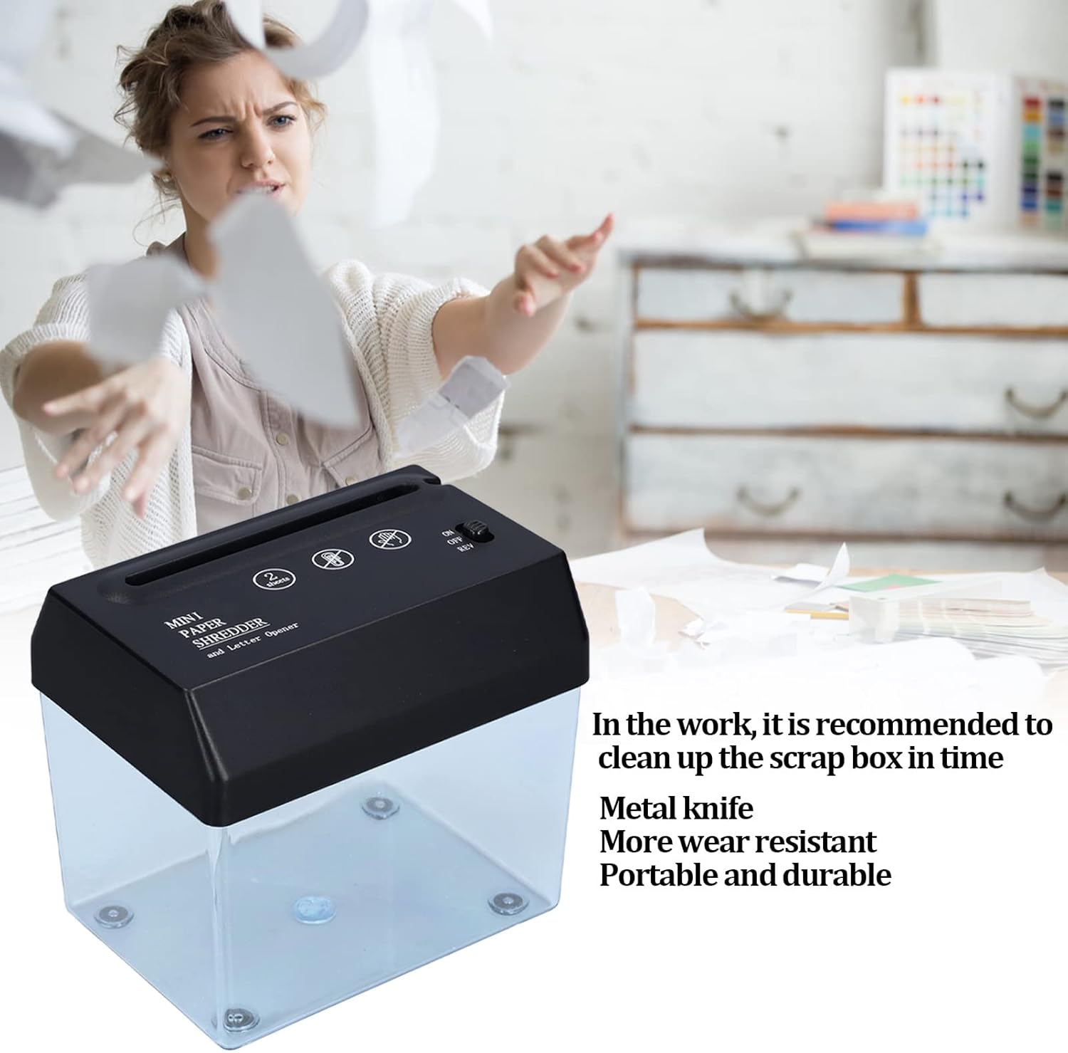 Mini trituradora de papel eléctrica portátil con cuchillo de metal, fácil operación, ideal para oficina, escuela, familia