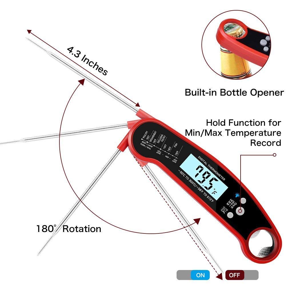 Termómetro digital de carne para parrilla y cocina. Termómetro digital impermeable con retroiluminación y calibración. Sonda digital de alimentos