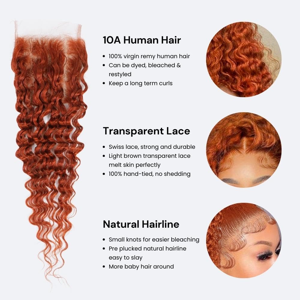 Ginger Deep Wave Closure 14 pulgadas, cobre naranja quemado 350 4×4 cierre de encaje transparente cabello humano prearrancado con cabello de bebé
