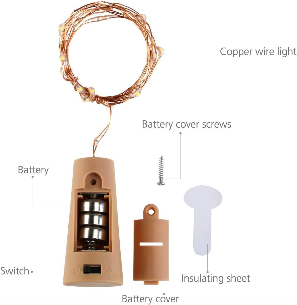 LoveNite Luces para botella de vino con corcho, paquete de 6 unidades, funciona con pilas, 15 luces LED en forma de corcho, alambre plateado,