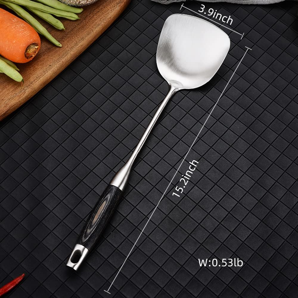 Utensilios de cocina Espátula de metal Wok 188 304 espátula de acero inoxidable con mango de madera resistente al calor, plata15.5 pulgadas
