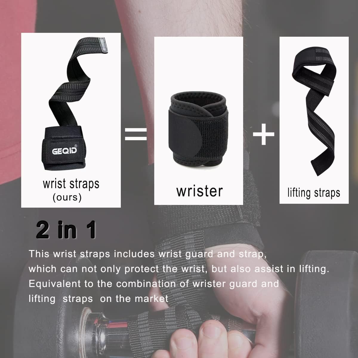 GEQID – Correas de levantamiento para levantamiento de pesas, muñequera y correas de agarre 2 en 1, correas de muñeca para barra de entrenamiento de