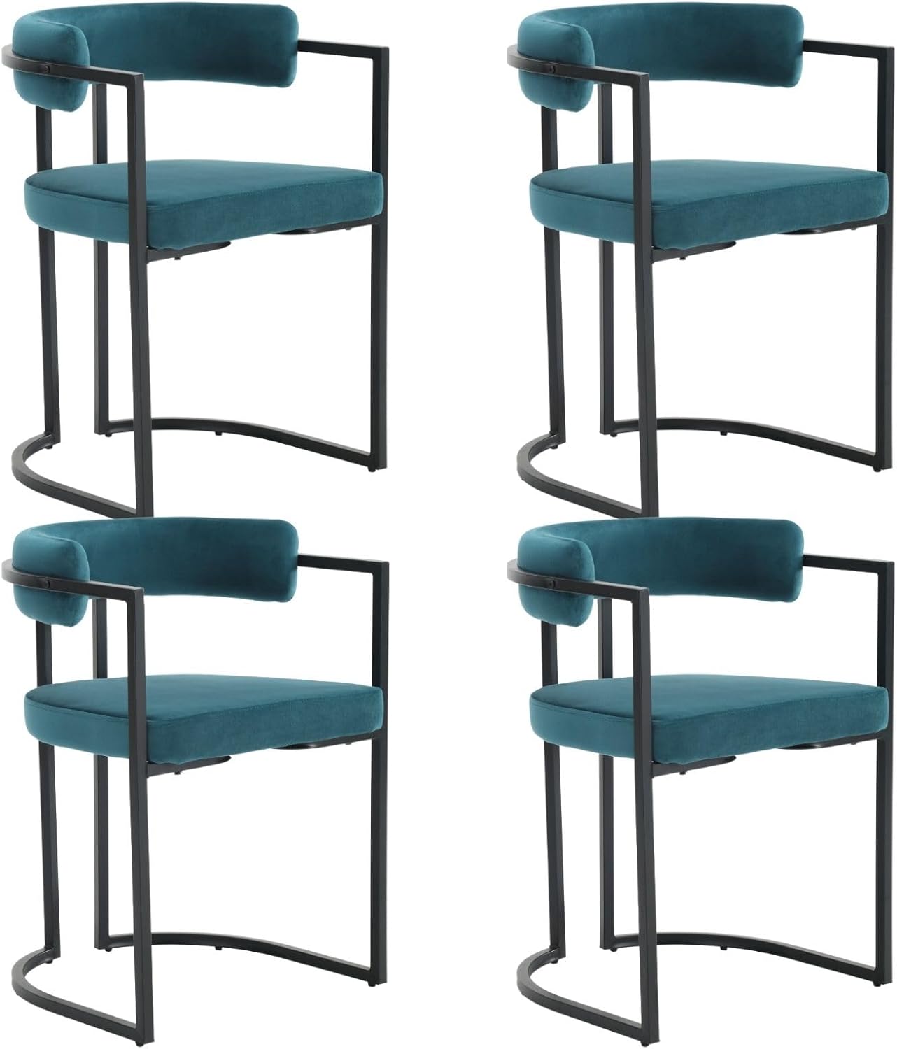 ZSARTS Modern Barrel – Juego de 4 sillas de comedor de terciopelo verde azulado con brazos, sillas de cocina tapizadas con marco de metal negro para