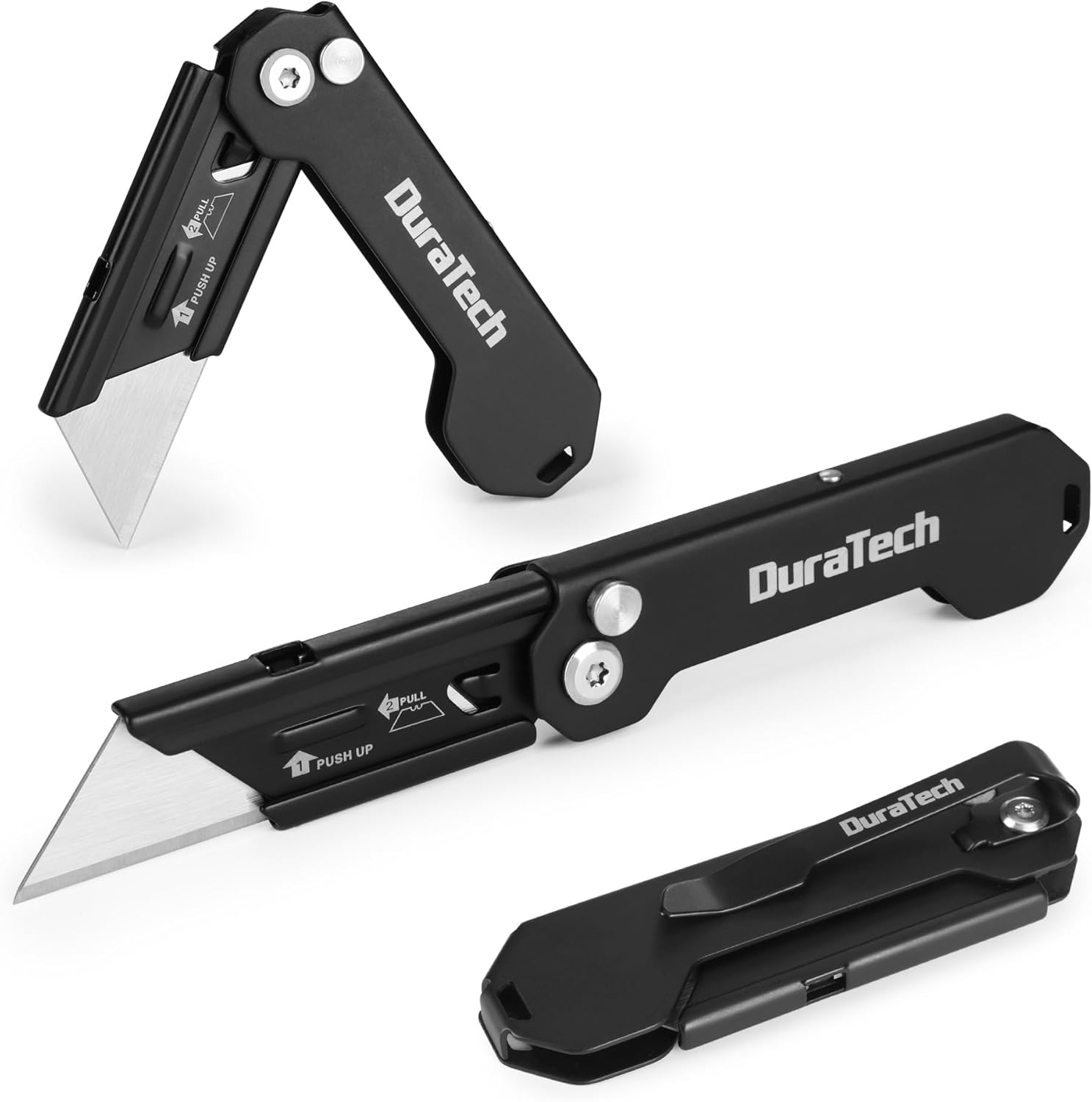 DURATECH Paquete de 2 cuchillos utilitarios plegables, mini cortador de caja con bloqueo de eje de seguridad, clip para cinturón, mecanismo de hoja