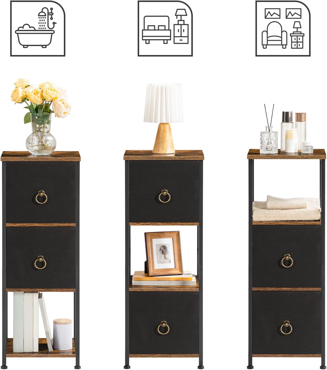 HOOBRO Gabinete esquinero, estante esquinero de 4 niveles con 2 cajones, gabinete de piso de baño, gabinete de almacenamiento estrecho, para baño,