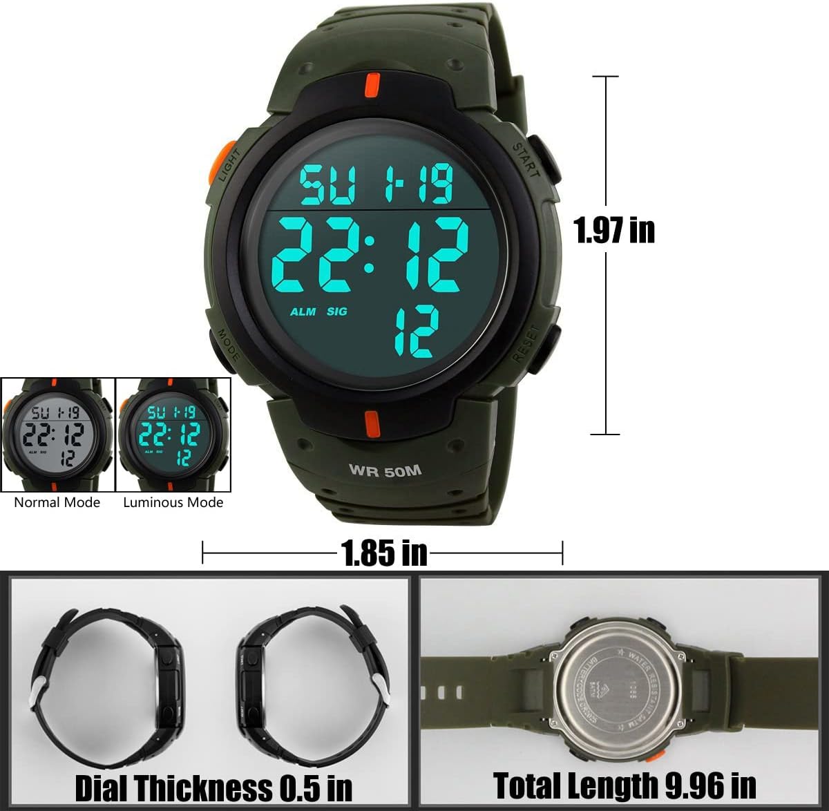 Reloj deportivo impermeable para hombre al aire libre LED electrónico multifunción 12H  24H hora militar 164FT 50M resistente al agua fecha