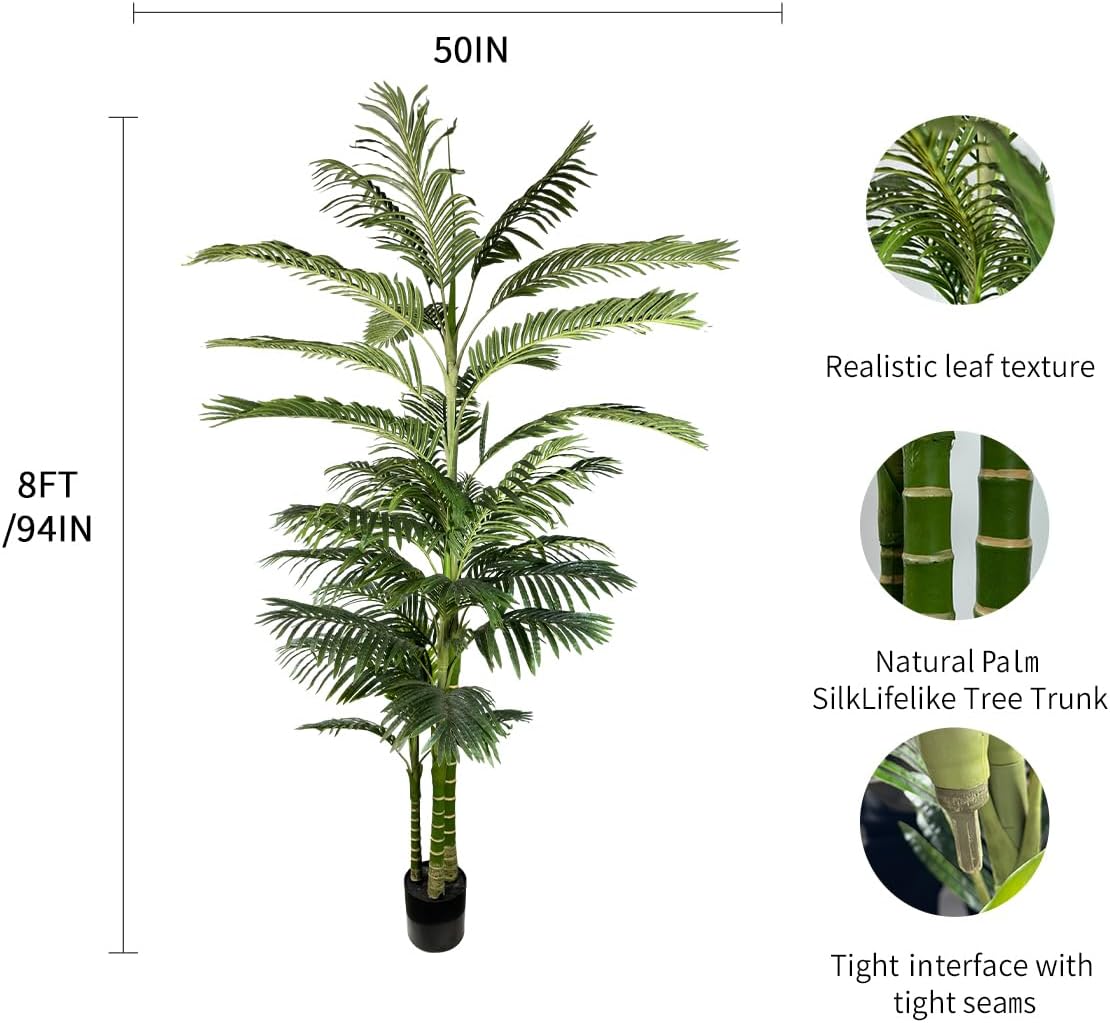 AfanD Palmera artificial de areca de 8 pies de alto, planta falsa realista, adecuada para entornos interiores y exteriores, regalo de inauguración