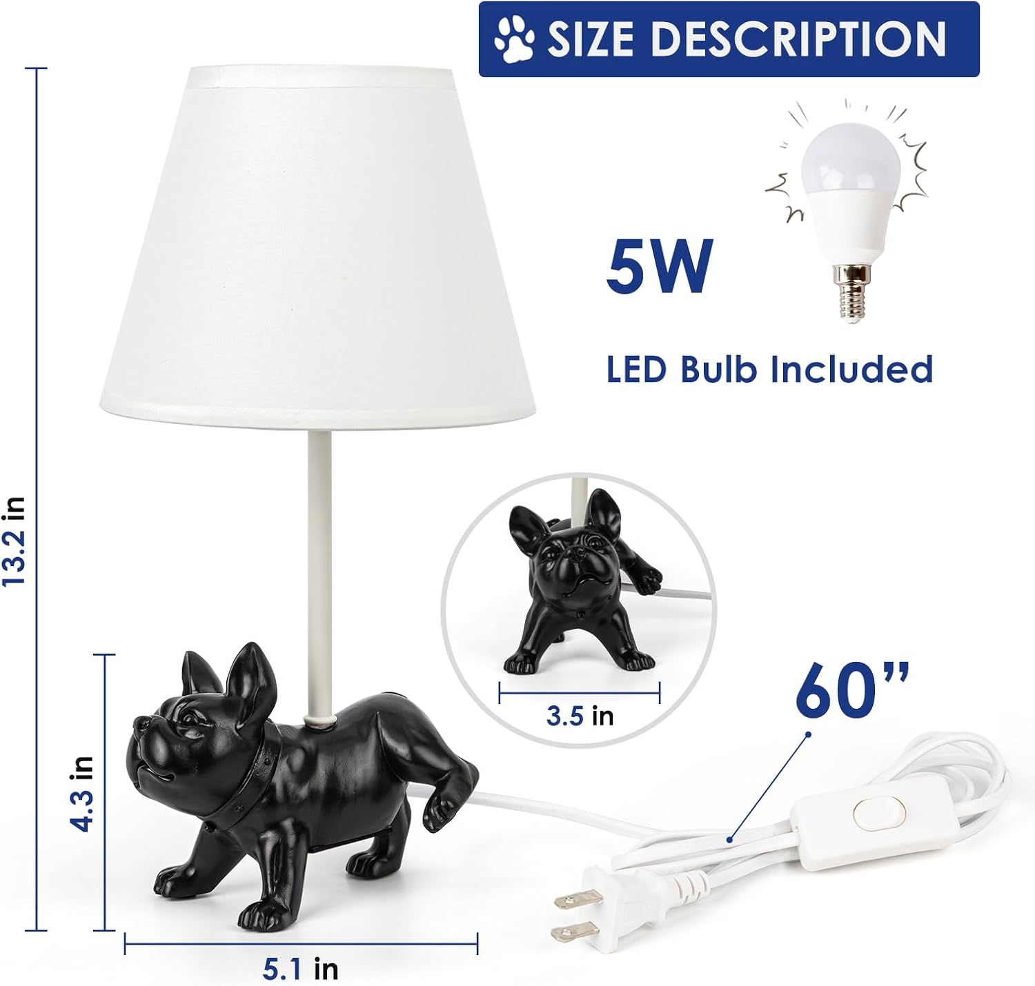 HERBESTBAY Lámpara de mesa para niños, adorable lámpara de escritorio estilo bulldog francés de 13 pulgadas, lámpara de noche de perro negro, ideal