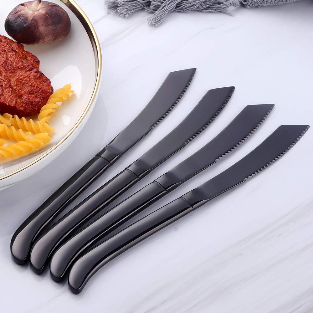 Bisda Juego de cuchillos para carne, cuchillos de cocina de acero inoxidable dentado de alta calidad, juego de 6, aptos para lavavajillas (negro)
