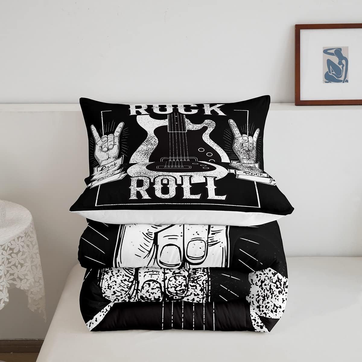 Erosebridal Juego de ropa de cama de guitarra, juego de ropa de cama de música rock, juego de edredón de guitarra eléctrica grunge, edredón con