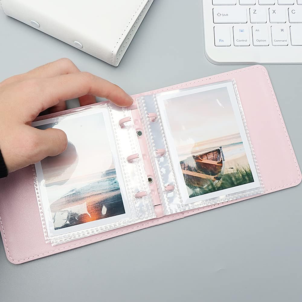 Mini álbum de fotos, soporte para tarjetas fotográficas rosas, tarjetas fotográficas Kpop de piel sintética de 3 anillos, álbum de películas de