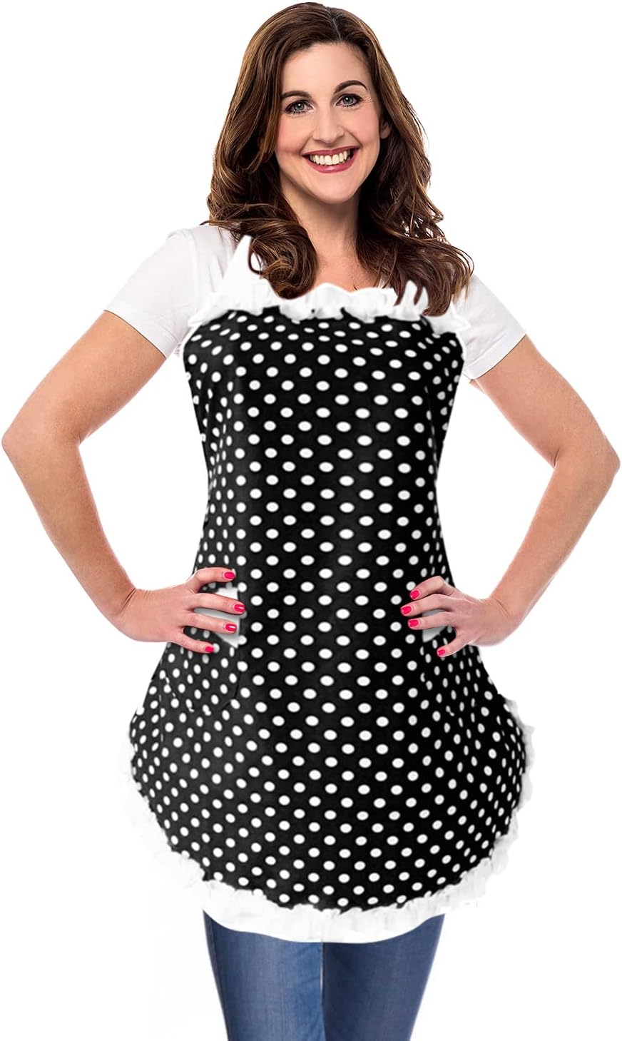 Delantales retro lindos para mujer con bolsillo, delantales vintage de lunares blancos para niñas, delantal con volantes para mujer, delantal de