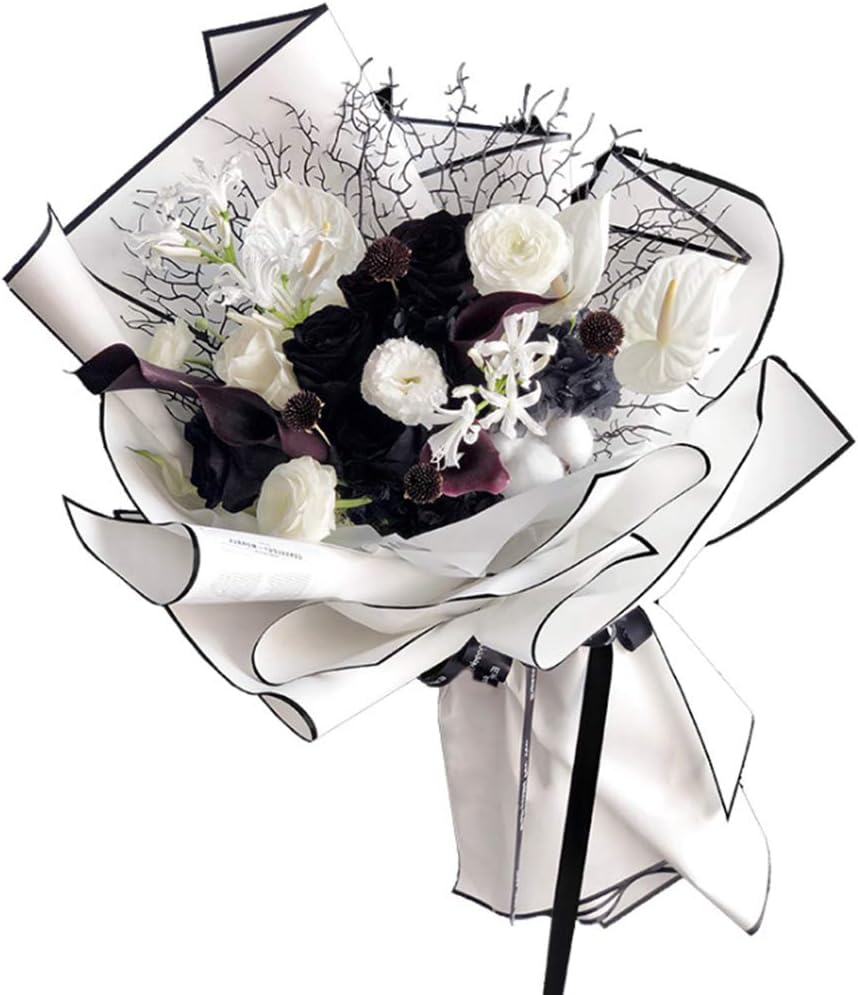 BBJ WRAPS Papel de regalo de flores coreanas, marco blanco y negro mate para suministros de floristería, 23.6 x 23.6 pulgadas, 20 hojas