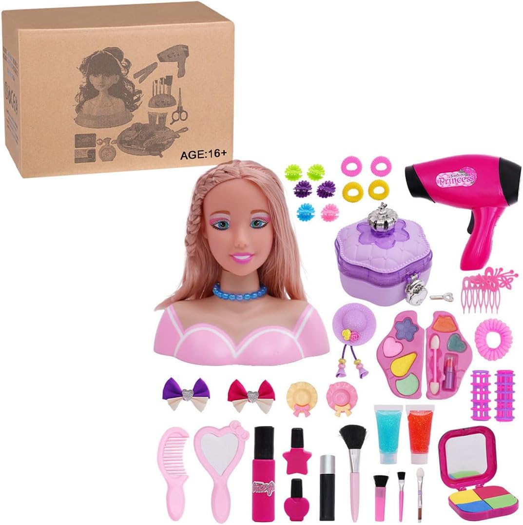 ClearEdge Cabeza de muñeca para peinar el cabello con accesorios para secador de pelo, juego de maquillaje para niños, juego de maquillaje para